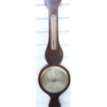A 19thC banjo style aneroid barometer / thermometer, the silvered dial with engraved predictions,