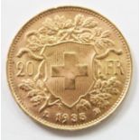 1935 Swiss 20 franc gold coin