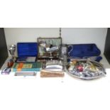 A quantity of silver plated ware including cased cutlery, galleried tray, boxed Rolls Razor,