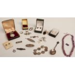 A collection of silver jewellery including rings, brooches, Victorian good luck brooch, marcasite