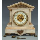 19th century architectural marbled cased mantel clock with two train movement by Marti, raised on