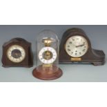 Skeleton clock under glass dome (30cm tall), Smiths bakelite clock and a three train mantel clock