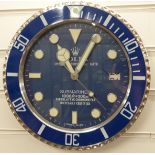 Rolex Oyster Perpetual Submariner dealer's shop display advertising wall clock with blue face and