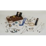 A collection of silver jewellery including rings, bracelet, earrings and necklace, a Waterman pen,