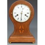 Late 19thC / early 20thC balloon-cased mantel clock with inlaid decoration and GB Sileste to two-
