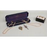 Two faux pearl necklaces, a Scottish brooch, military brooch and cufflinks