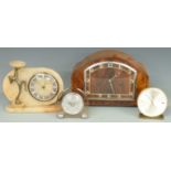 Three trained mantel clock, Art Deco figural clock, Swiza clock and a barometer