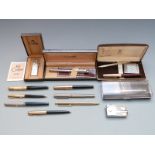Collection of vintage pens including Parker 61, 45, 25, cased Taylorpen hallmarked silver pen,