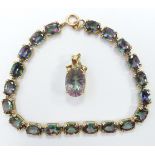 A 9ct gold bracelet set with mystic topaz and a similar pendant