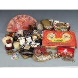 Box of collectables including vintage Royal Ediswan party lights, sewing items, tin of buttons,