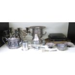 Plated and metal ware including Campana shaped wine bucket height 22cm, Victorian teapot, pair of