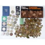 A collection of UK pennies in a hobby box, includes modern crowns, seven single metal £2 coins