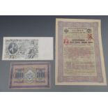 A Catheraine II Russia 1910 500 Rubles Bank note near mint together with a 100 Rubles example,