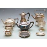 A quantity of Walker and Hall silver plated teaware including spirit kettle on stand, teaset, plated