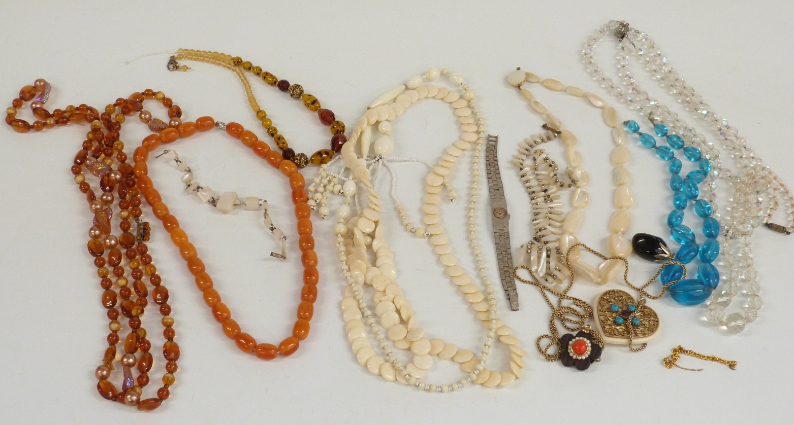 A collection of costume jewellery including beads, brooches, watches, silver handled button hook, - Image 7 of 7