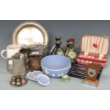 Devon pottery vases, Wedgwood Jasperware, silver handled butter knives, plated ware etc