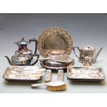 A quantity of silver plate including teapots, serving dishes, cutlery and three hallmarked silver