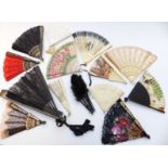 Fourteen various fans including pierced example with decoration of Chinese ladies, ostrich feather