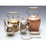 Large copper teapot, height 37cm, similar brass example and various plated ware