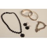 Victorian jet necklace and earrings with 9ct gold fittings, two silver bangles and a curb link