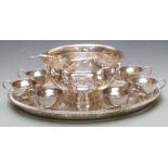 Plated punch bowl, ladle and cups om galleried tray, width 55cm