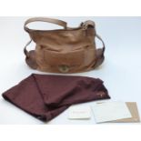 Mulberry leather handbag in light tan finish with antique brass coloured fittings, with care