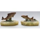 Two cold painted bronze Art Deco style salmon on onyx bases length 13.5cm