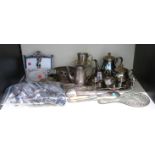 A quantity of silver plated ware including tray, tazza, tea ware, Art Nouveau style double