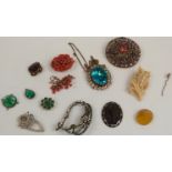 A collection of brooches including paste, coral, Victorian examples, ivory, tortoiseshell etc