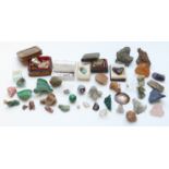 A collection of mineral samples including aurichalcite, azurite, garnets, chalcophyllite,