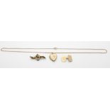 Edwardian 15ct gold brooch set with a pearl (2.4g), 9ct gold chain, 31cm drop, 9ct gold cufflink (