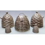 Novelty beehive five piece cruet set comprising salt and pepper and three glass lined mustard or