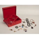 A collection of silver jewellery including butterfly wing, amber, silver ring, silver brooch set