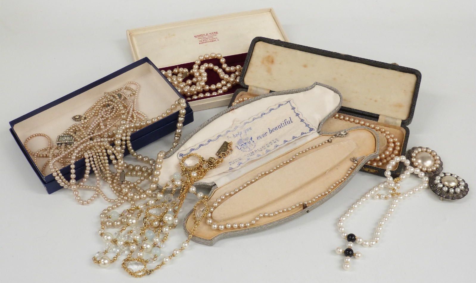 A collection of costume jewellery including beads, brooches, watches, silver handled button hook, - Image 2 of 7