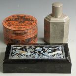 Chinese hardwood box inlaid with mother of pearl, another Chinese lacquer box and a Chinese tea
