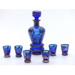 Silver overlaid blue glass drinking set with decanter (22cm tall) and six glasses