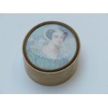 19thC oval lidded trinket box, the top set with a portrait miniature of a lady with lace collar