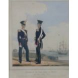 Five military and other prints including a view of Horse Guards dated 1768, two Royal Navy and