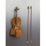 Hopf 20th century violin with two piece 36.5cm back, in original fitted case with two bows,