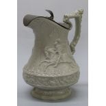 Ridgeway relief moulded pedestal jug with pewter lid with decoration of knights jousting circa 1840,