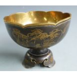 Japanese inlaid brass pedestal bowl with inner liner and scenes of Mount Fuji, signed to base, H