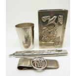 Chinese silver money clip, small hammered tot cup with Chinese mark to base, Chinese silver pencil