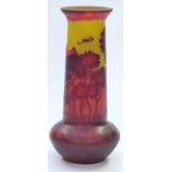 Galle style carved cameo glass vase decorated with trees and mountains in red over yellow ground,