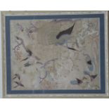 A 19thC Chinese embroidered panel depicting birds and peacocks (56 x 45cm)