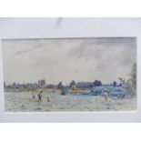 19th /early 20th century watercolour landscape figures working in a field with town beyond 18x32cm.