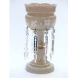 Glass lustre with enamelled white floral decoration, 30cm tall