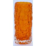 Geoffrey Baxter for Whitefriars textured bark cylinder glass vase in tangerine, 19cm tall.