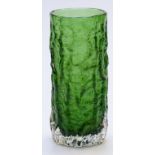 Geoffrey Baxter for Whitefriars textured bark cylinder glass vase in moss green, 19cm tall.