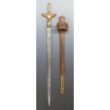 A 19thC North African straight sword (probably Morocco / Sudan) with inlaid and brass worked handle,