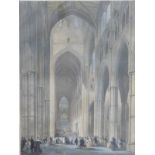 Six prints mainly of London, including New Palace Yard dated 1782, interior of Westminster Abbey